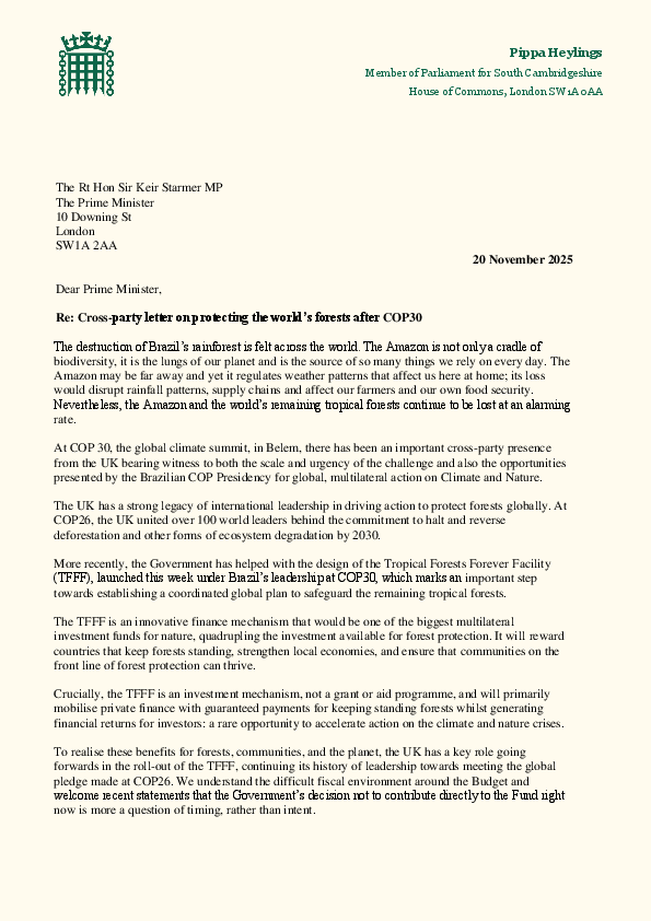 Cross party letter to PM on Tropical Forests Forever Facility