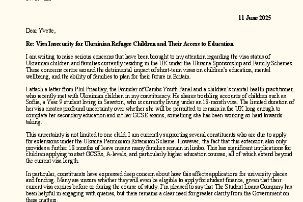 Letter to Home Secretary about Homes for Ukraine