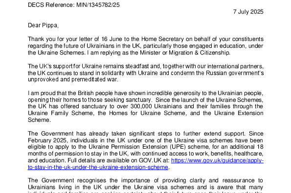 Response letter from minister to Pippa's letter
