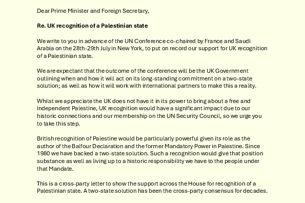 Letter signed by 255 MPs including Pippa, calling for recognition for a Palestinian state
